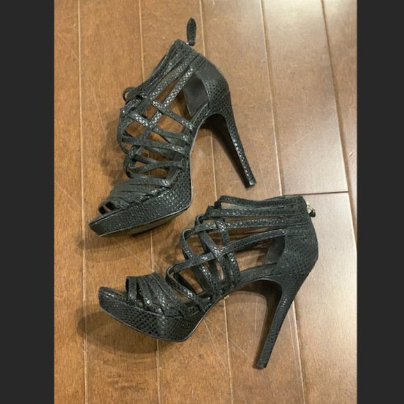 Pour La Victoire Snake Print Leather Strappy Platform Stilettos $180.00 - Picture 1 of 8